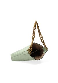 Borsa a tracolla trapuntata verde menta con catena dorata e chiusura con zip. Presenta una forma strutturata e un esterno testurizzato. Gli interni mostrano vari scomparti.