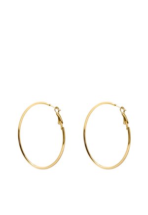 Paar dünne goldene Creolen mit Scharnierverschluss auf weißem Hintergrund.