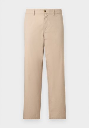 Bézs egyenes szárú nadrág övbemutatókkal, elülső gombos záródással és oldalzsebekkel.