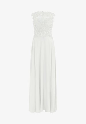 White sleeveless floor-length dress with lace floral bodice and sheer yoke, flowing plain skirt, and round neckline.