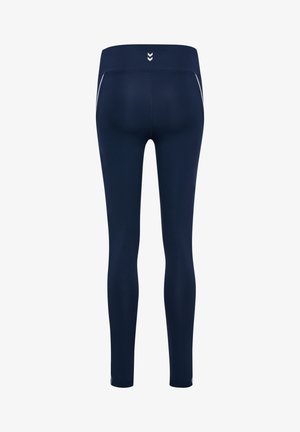 Marineblauwe leggings met een gladde textuur, een hoge tailleband en witte accenten langs de zijkanten. Heeft een eenvoudig ontwerp, geen zichtbare logo's aan de achterkant.