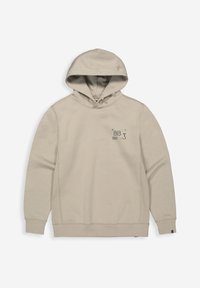 Beige hoodie gemaakt van gladde stof. Kenmerken zijn een logo aan de voorkant, geribbelde manchetten en stikseldetails langs de naden.