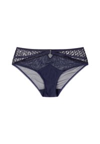 Sous-vêtements pour femmes en bleu marine avec des accents en dentelle, un panneau avant lisse et un dos en maille texturée. Comprend un nœud décoratif au centre.