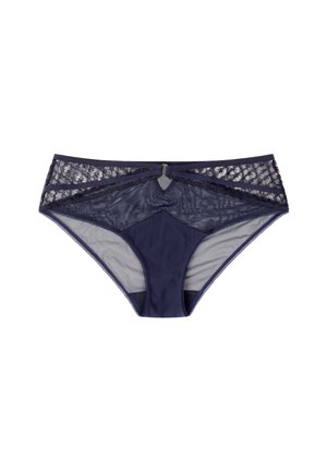 Sous-vêtements pour femmes en bleu marine avec des accents en dentelle, un panneau avant lisse et un dos en maille texturée. Comprend un nœud décoratif au centre.