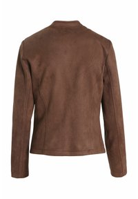 Ruskea keinonahkainen takki, joka sisältää sileän pinnan, slim fit -muotoilun, pitkät hihat ja kaulukseton kaula-aukko. Takana siistit linjat.