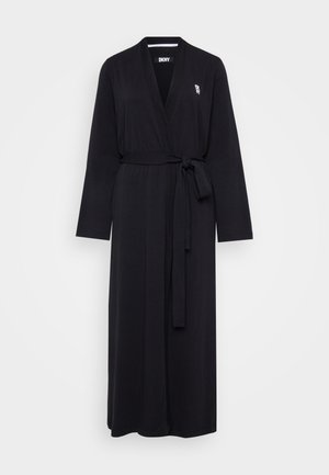 Long black robe made of soft fabric. Features long sleeves, a tied waist, and a small logo on the chest. Simple, minimalist design.
