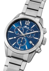Stainless steel watch with a blue dial, silver hour markers, and three sub-dials. Features date display and chronograph function.