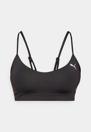Sutien sport negru cu bretele subțiri ajustabile, decolteu rotund, textură de țesătură netedă și un mic logo alb Puma pe partea stângă.