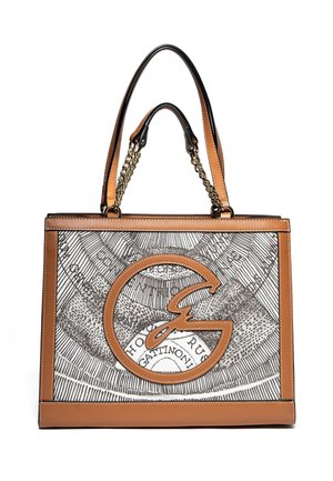 Gestructureerde tan leren handtas met een zwart-witte ingewikkelde patroonpaneel, gouden ketting en leren handvatten, en een cirkelvormige logo-detail aan de voorkant.