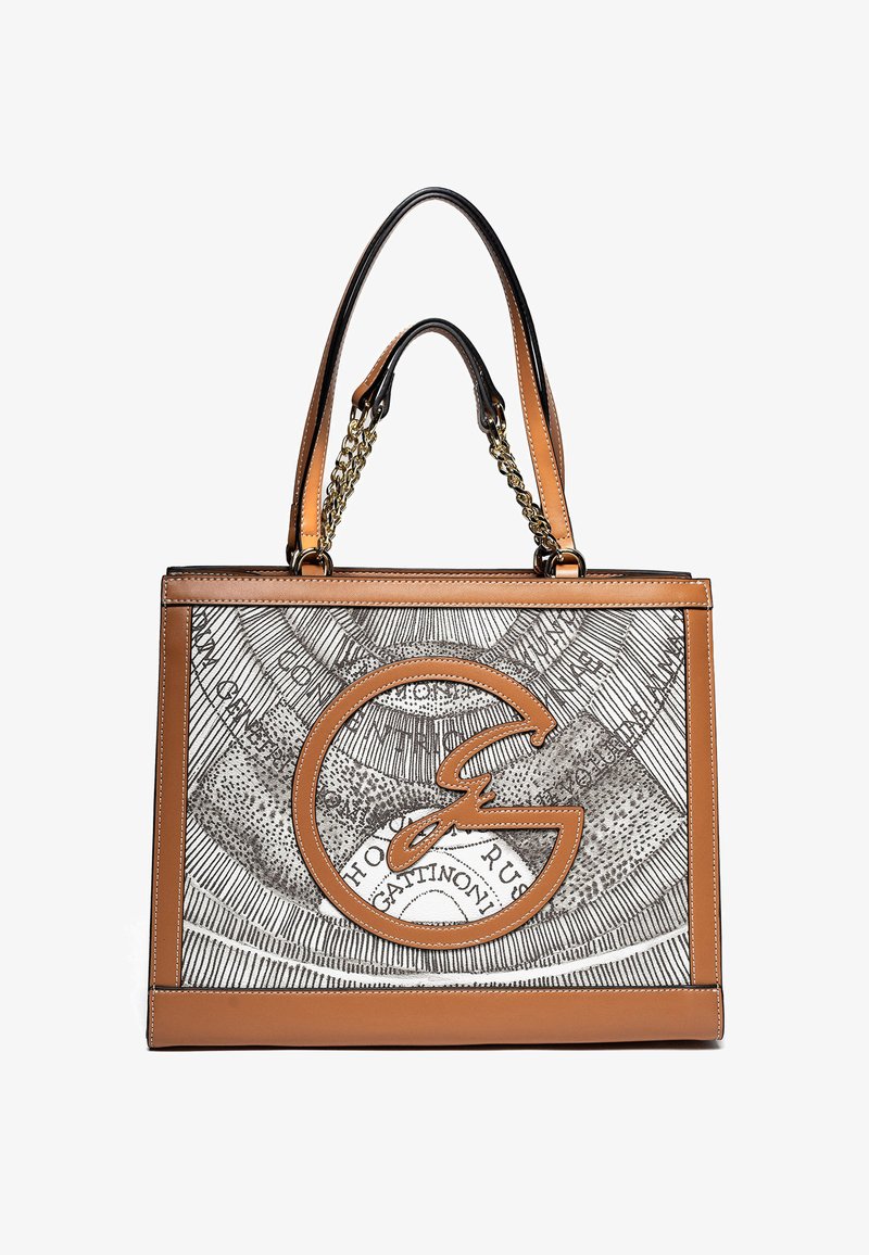 Gestructureerde tan leren handtas met een zwart-witte ingewikkelde patroonpaneel, gouden ketting en leren handvatten, en een cirkelvormige logo-detail aan de voorkant.