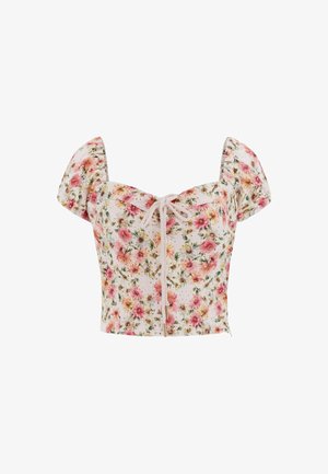 Cvečasta kratka majica s kratkimi napihnjenimi rokavi, ki prikazuje cvetni vzorec v rožnati in rumeni barvi na belem ozadju ter ima sprednji zavezni detajl.