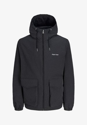 Μαύρο μπουφάν με κουκούλα και λευκό μοτίβο σε πλέγμα, φερμουάρ μπροστά, κουκούλα με κορδόνι, ελαστικές μανσέτες, δύο μπροστινές τσέπες με καπάκι και μικρό λευκό λογότυπο στο στήθος.