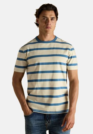 Short-sleeve, cotton t-shirt with horizontal blue and cream stripes, round neck, and subtle logo detail on chest.