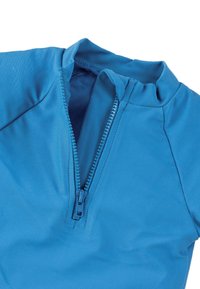 Blue short-sleeve swim shirt made of smooth, stretchy fabric with a front zipper and high collar for added coverage.