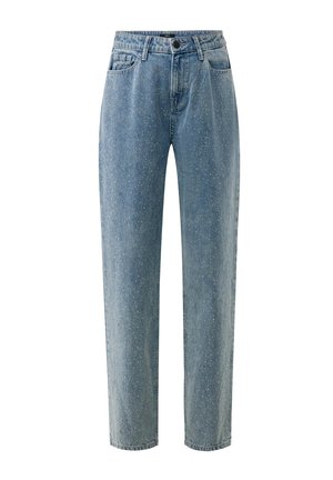 Lichtblauwe denim jeans met gespikkelde patronen. Heeft een recht model, vijf zakken, een knoopsluiting en riemlussen.