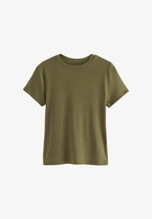 Olivgrünes T-Shirt mit kurzen Ärmeln, gefertigt aus Rippstoff. Verfügt über einen Rundhalsauschnitt und einen geraden Saum, designed für einen bequemen Sitz.