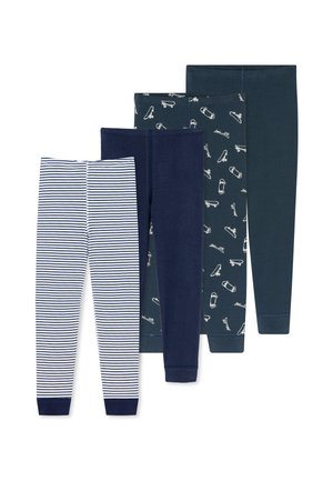 Quattro paia di leggings per bambini in blu navy, blu scuro con skateboard bianchi, verde scuro tinta unita e bianco a righe blu navy, disposti uno accanto all'altro.