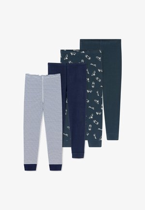 Quattro paia di leggings per bambini in blu navy, blu scuro con skateboard bianchi, verde scuro tinta unita e bianco a righe blu navy, disposti uno accanto all'altro.