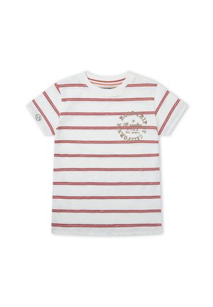 Camiseta blanca de manga corta con rayas horizontales rojas y un diseño circular con temática de California en el pecho, parte superior izquierda.