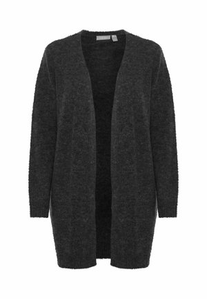 Dark gray open-front cardigan made of soft, fuzzy material. Features long sleeves and a relaxed fit, with no buttons or fasteners.