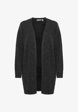 Dark gray open-front cardigan made of soft, fuzzy material. Features long sleeves and a relaxed fit, with no buttons or fasteners.