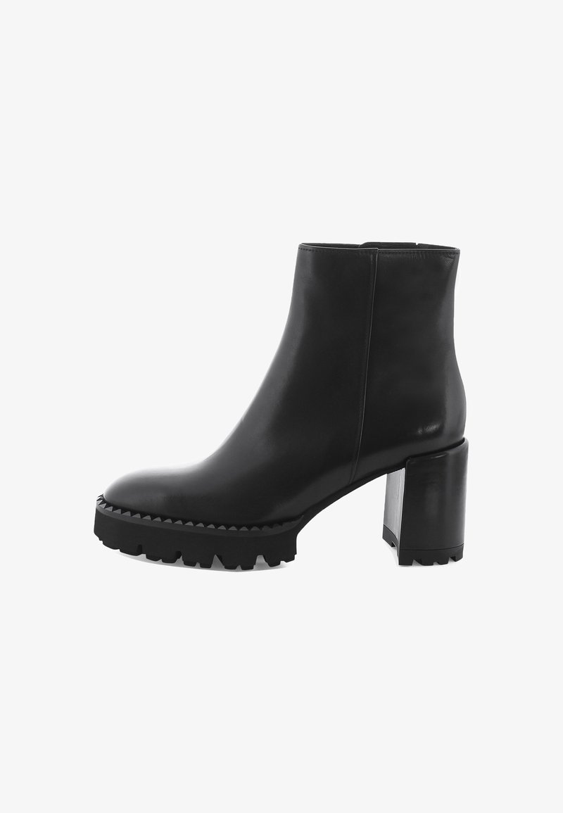 Schwarze Lederknöchelstiefel mit dicker Blockabsatz und robustem Profilsohle, glatter Oberseite und seitlichem Reißverschluss.