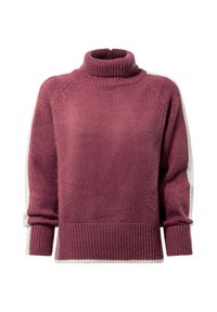 Mauve knitted turtleneck sweater with ribbed cuffs and hem, featuring contrasting cream accents on the sides. Soft texture.