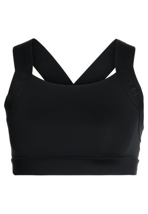 Reggiseno sportivo nero in un tessuto morbido ed elasticizzato; presenta spalline incrociate e logo in rilievo sui lati; senza imbottiture né ferretti.
