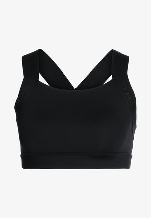 Svart sportbh i ett mjukt, stretchigt material; har korsade band och präg lat logo på sidorna; utan padding eller bygel.