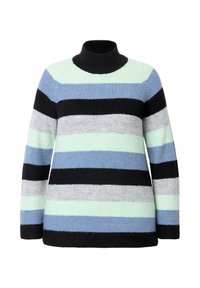 Gestrickter Rollkragenpullover in horizontalen Streifen in Hellgrün, Blau, Grau und Schwarz. Weiche Textur und lockere Passform, lange Ärmel.