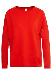 Czerwona bluza z okrągłym dekoltem, długimi rękawami i luźnym krojem. Wykonana z miękkiego materiału, z subtelnym przeszyciem na dole.