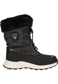 Schwarze Schneestiefel mit einem Obermaterial aus Leopardenmuster, einem Kunstfellkragen und einer Schnürung. Sie verfügen über wasserdichtes Material und eine weiße, strukturierte Gummisohle.