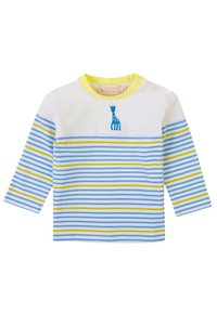 Camicia bianca a maniche lunghe con strisce orizzontali blu e gialle. Presenta un design di giraffa ricamato blu sul petto. Materiale in cotone.