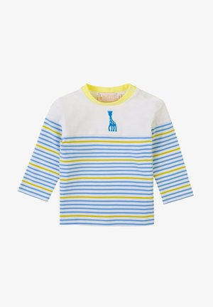 Camicia bianca a maniche lunghe con strisce orizzontali blu e gialle. Presenta un design di giraffa ricamato blu sul petto. Materiale in cotone.