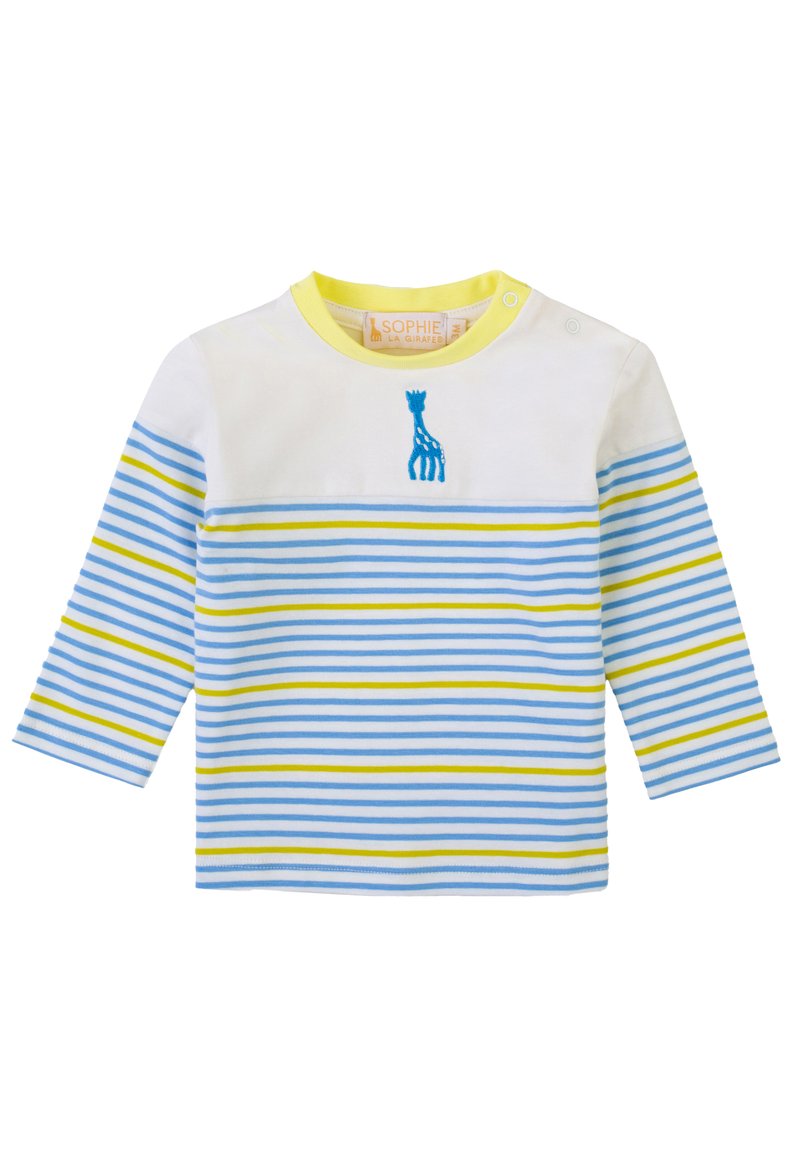 Camicia bianca a maniche lunghe con strisce orizzontali blu e gialle. Presenta un design di giraffa ricamato blu sul petto. Materiale in cotone.