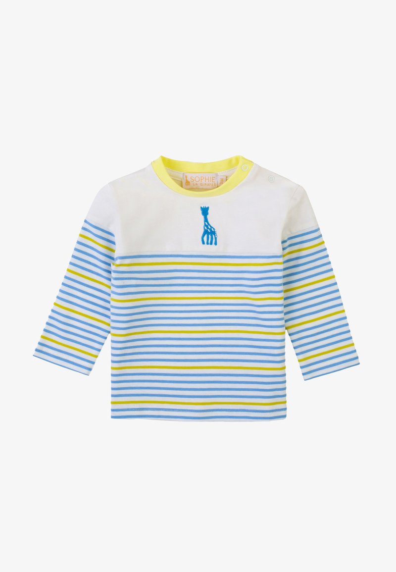 Camicia bianca a maniche lunghe con strisce orizzontali blu e gialle. Presenta un design di giraffa ricamato blu sul petto. Materiale in cotone.