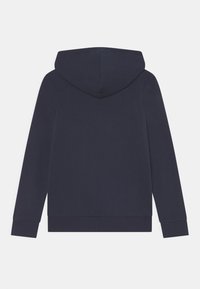 Navy blue sweatshirt with a hood, long sleeves, and ribbed cuffs. Smooth texture, minimalist design, featuring a solid color and no graphics.