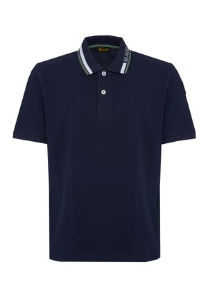 Marineblauw polohemd met korte mouwen, twee witte knopen, gestreepte kraag en merknaam op de rand van de kraag.