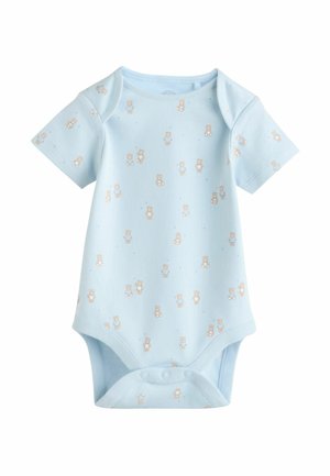 Body azul claro de manga corta con un patrón repetido de ositos de peluche en marrón suave. Presenta cierres a presión en la parte inferior. Material de algodón.
