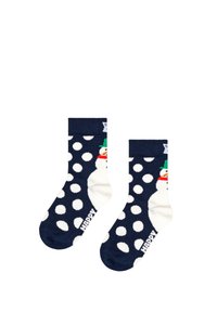 Granatowe skarpetki w białe kropki, z wzorem bałwanka w kolorze czerwonym, zielonym i białym; zawierają napis "SZCZĘŚLIWY" po boku.