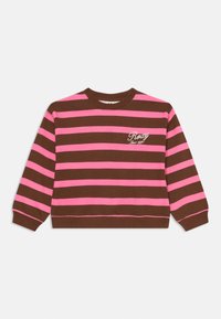 Brun og rosa stripete sweatshirt med rund hals, lange ermer og Roxy-logo brodert på venstre bryst. Myk bomullsmateriale.