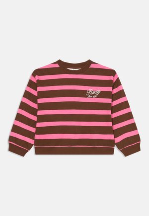 Brun og rosa stripete sweatshirt med rund hals, lange ermer og Roxy-logo brodert på venstre bryst. Myk bomullsmateriale.