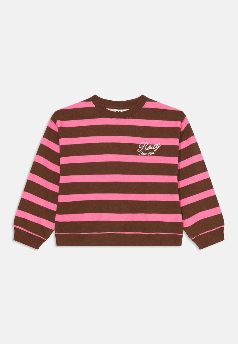 Sweatshirt rayé marron et rose avec un col rond, des manches longues et le logo Roxy brodé sur la poitrine gauche. Matériau en coton doux.