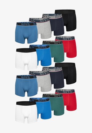 Boxers pour hommes assortis dans diverses couleurs, y compris bleu, gris, vert, rouge et noir, avec des ceintures élastiques ornées de logos.