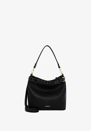 Sort læderhåndtaske med en buet form, nittebesat stropdetalje og guldfarvet hardware. Inkluderer en aftagelig skulderrem.
