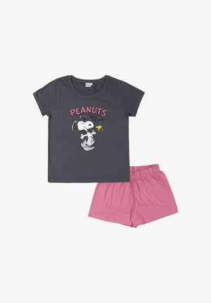 Dark gray short-sleeve top with Snoopy and Woodstock and "PEANUTS Best Friends" text, paired with pink elastic waist shorts.