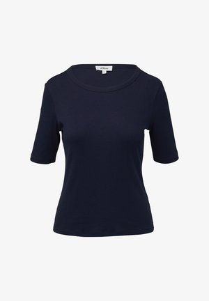 Námornícky modré tričko s krátkym rukávom vyrobené z hladkej bavlnenej látky s okrúhlym výstrihom a priliehavým strihom. Bez výrazných vzorov alebo akcentov.