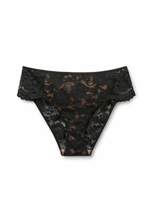 Zwarte kanten string met bloemmotieven, doorzichtige delen en een golvende tailleband, ontworpen voor een strakke en verfijnde uitstraling.