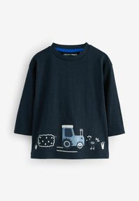 Marineblaue Langarm-T-Shirt mit gestickten Designs von Traktor, Schaf und Huhn. Weiche Textur, runder Halsausschnitt und kontrastierender innerer Kragen.