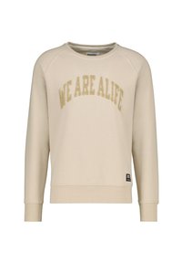 Beige sweatshirt met ribgebreide manchetten en zoom, met de tekst "WE ARE ALIFE" in gouden glitter over de borst, crew neck ontwerp.